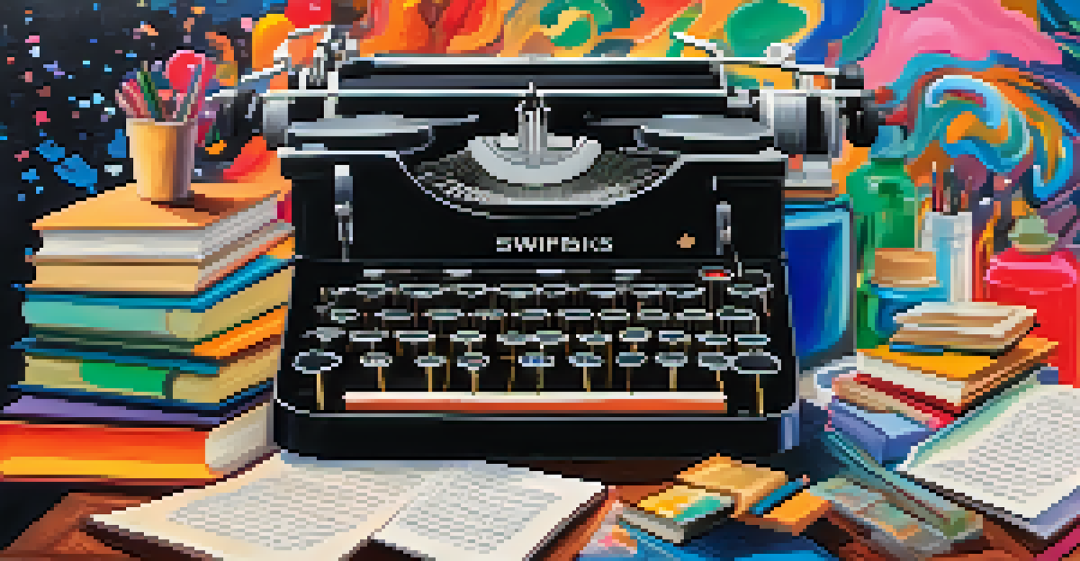 An artistic workspace with a vintage typewriter, open books, and abstract colorful elements representing creativity.