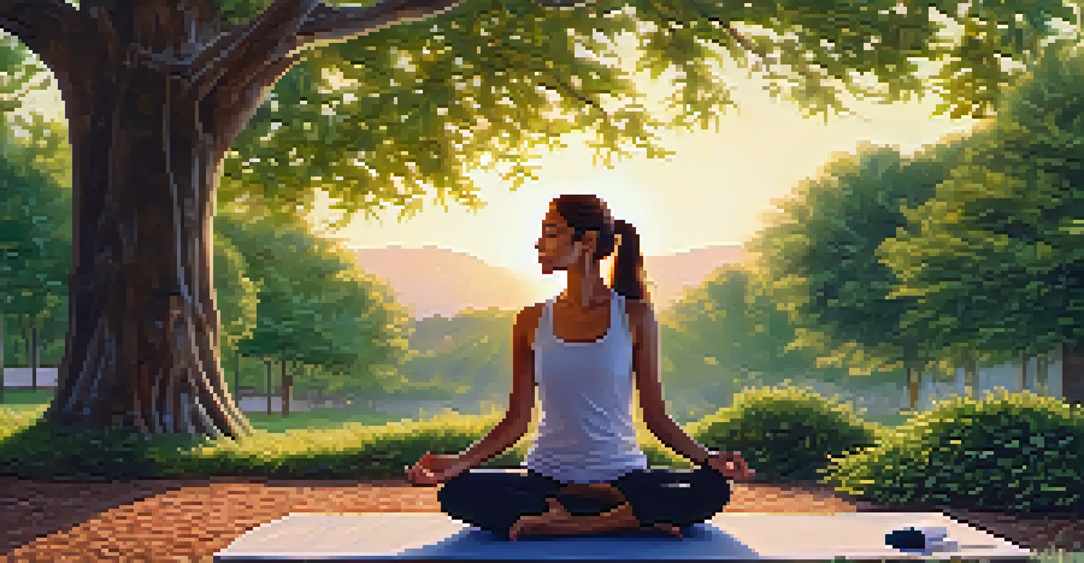 A person practicing breathwork in a green park, sitting cross-legged on a yoga mat with a sunset in the background.