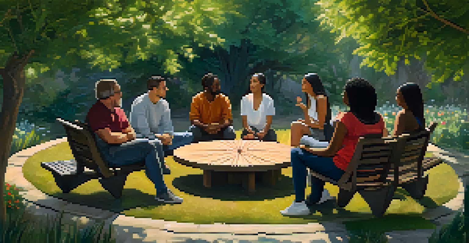 A diverse group of people sitting in a circle outdoors, engaged in discussion in a natural setting.