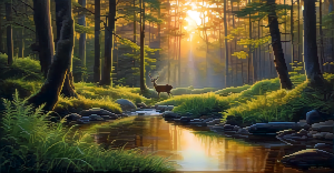 A peaceful forest at sunrise with soft golden light and a flowing stream, inhabited by deer and birds.