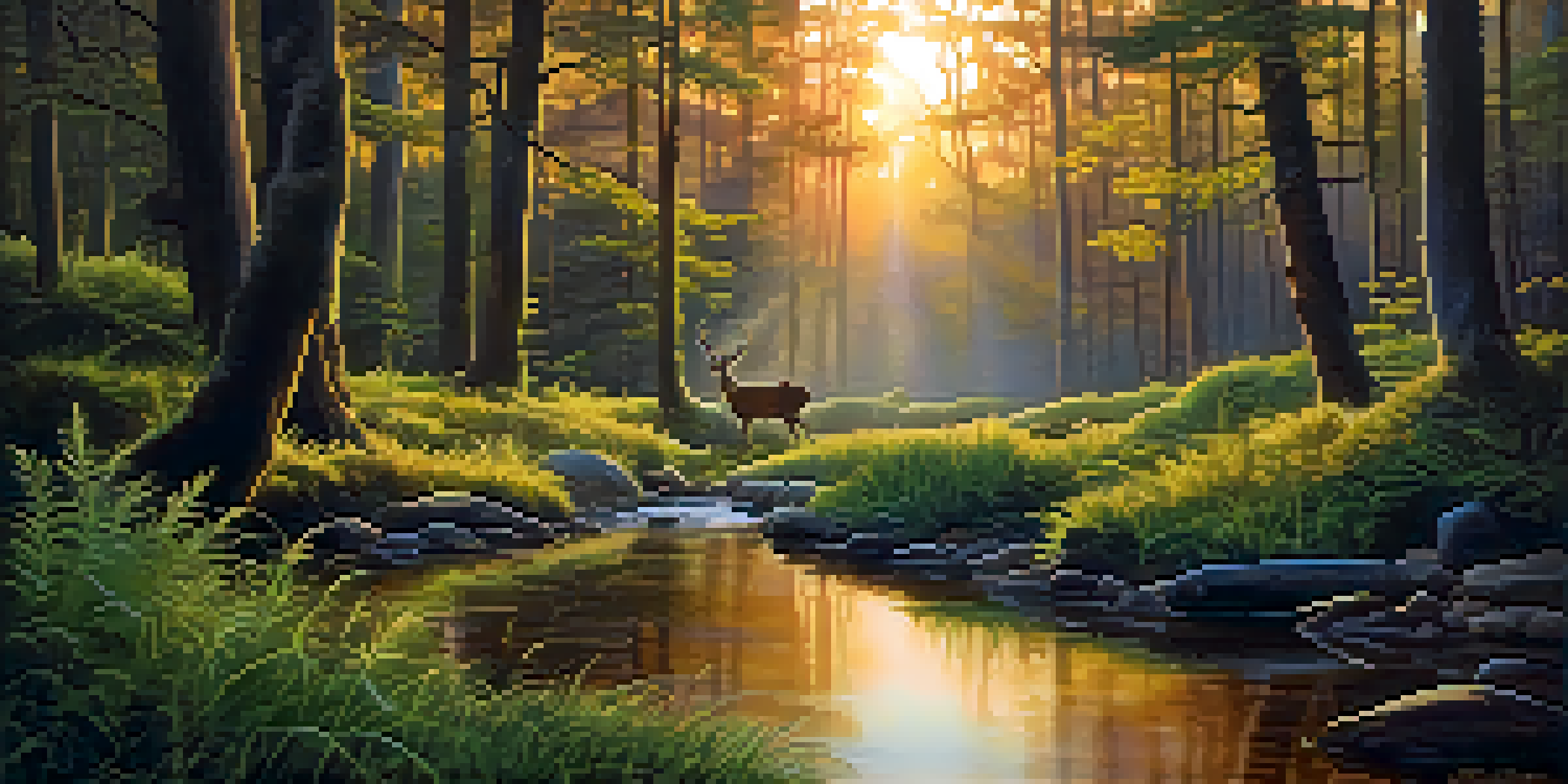 A peaceful forest at sunrise with soft golden light and a flowing stream, inhabited by deer and birds.