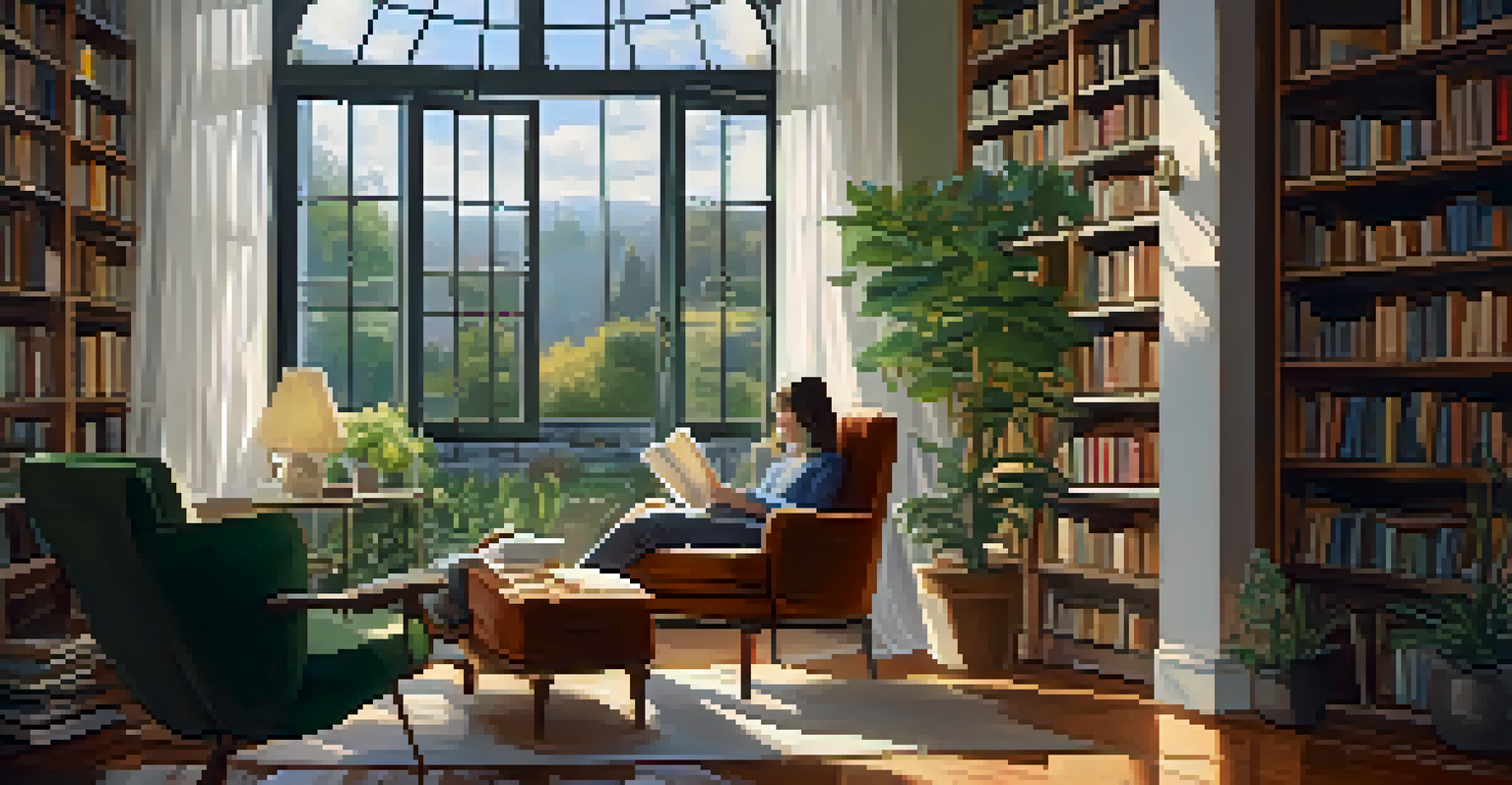 A person reading in a cozy armchair by a sunny window, surrounded by plants and books.