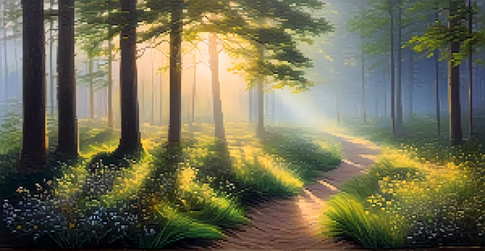 A tranquil forest with sunlight filtering through trees and a misty path lined with wildflowers.