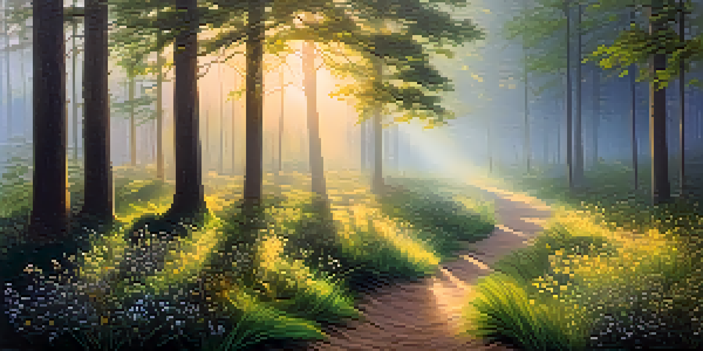 A tranquil forest with sunlight filtering through trees and a misty path lined with wildflowers.