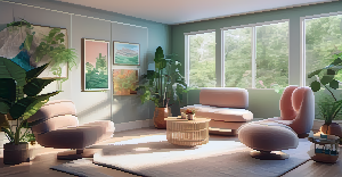 A tranquil therapy room with comfortable seating, soft lighting, and nature-themed decor, designed for psychedelic-assisted therapy.