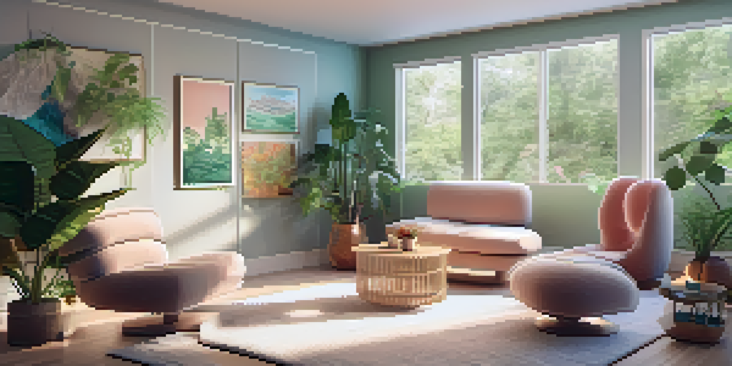 A tranquil therapy room with comfortable seating, soft lighting, and nature-themed decor, designed for psychedelic-assisted therapy.