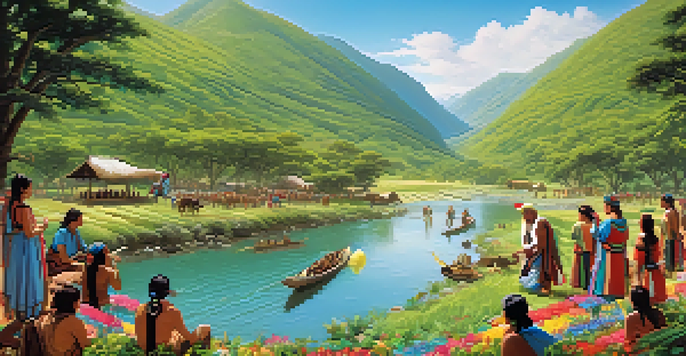 A picturesque view of a Peruvian landscape with travelers participating in a traditional ceremony amidst vibrant flowers and mountains.