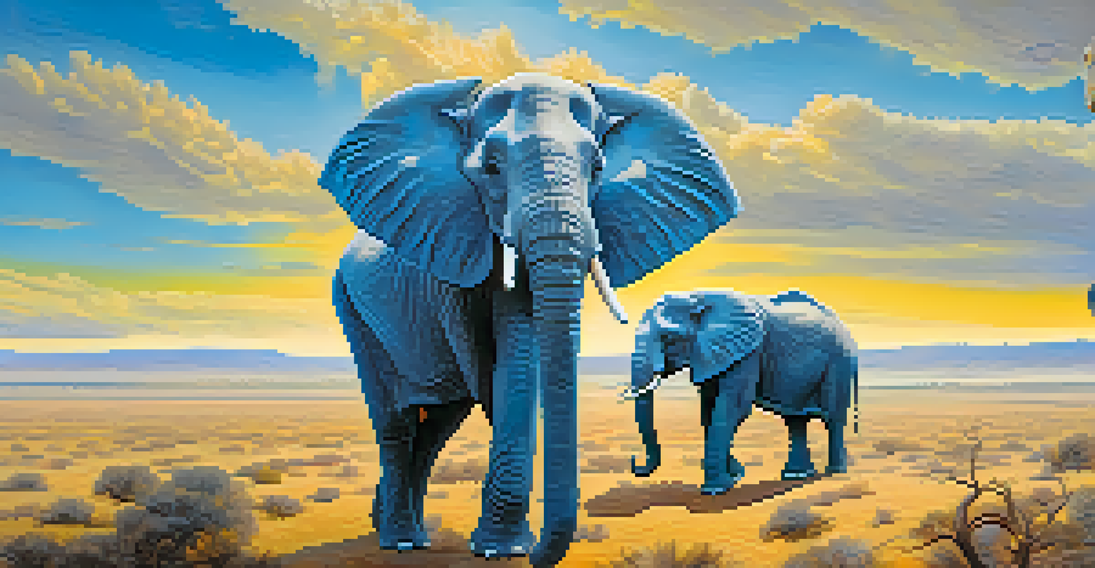Surreal elephants with thin legs in a barren landscape under a swirling sky in blue and yellow tones.