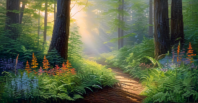 A peaceful forest at dawn with sunlight shining through trees, dew on ferns, and colorful wildflowers, creating a mystical atmosphere.