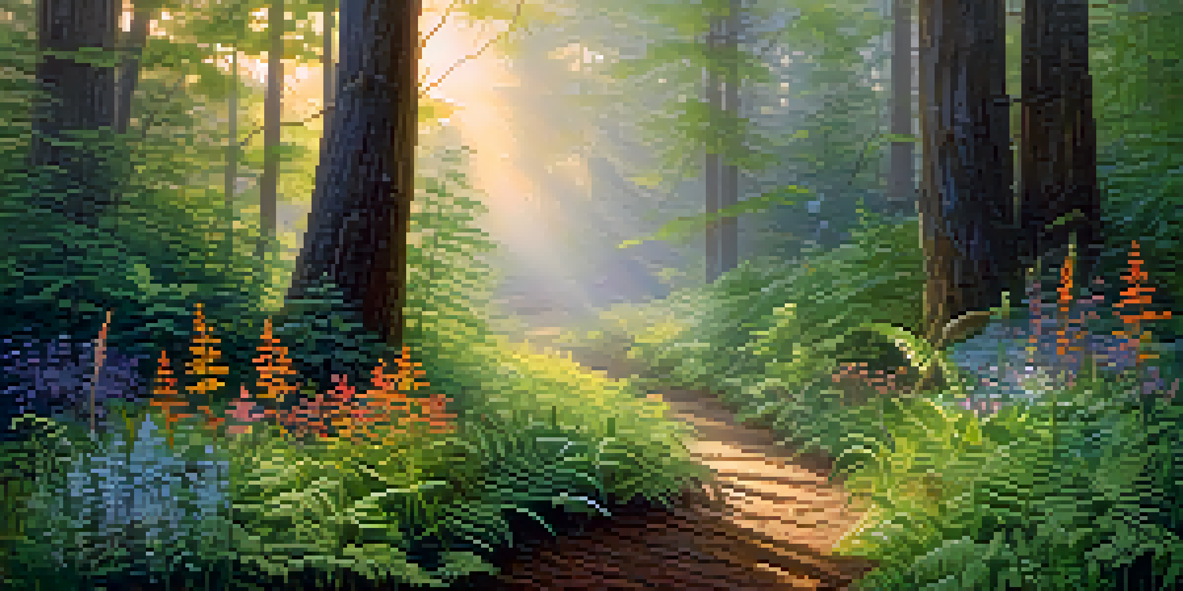 A peaceful forest at dawn with sunlight shining through trees, dew on ferns, and colorful wildflowers, creating a mystical atmosphere.