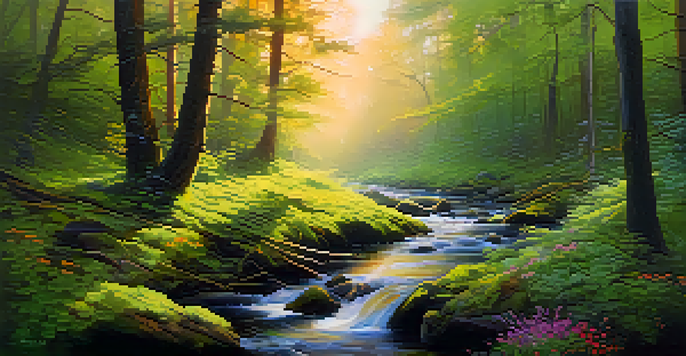 A peaceful forest scene with sunlight filtering through trees and a misty stream.