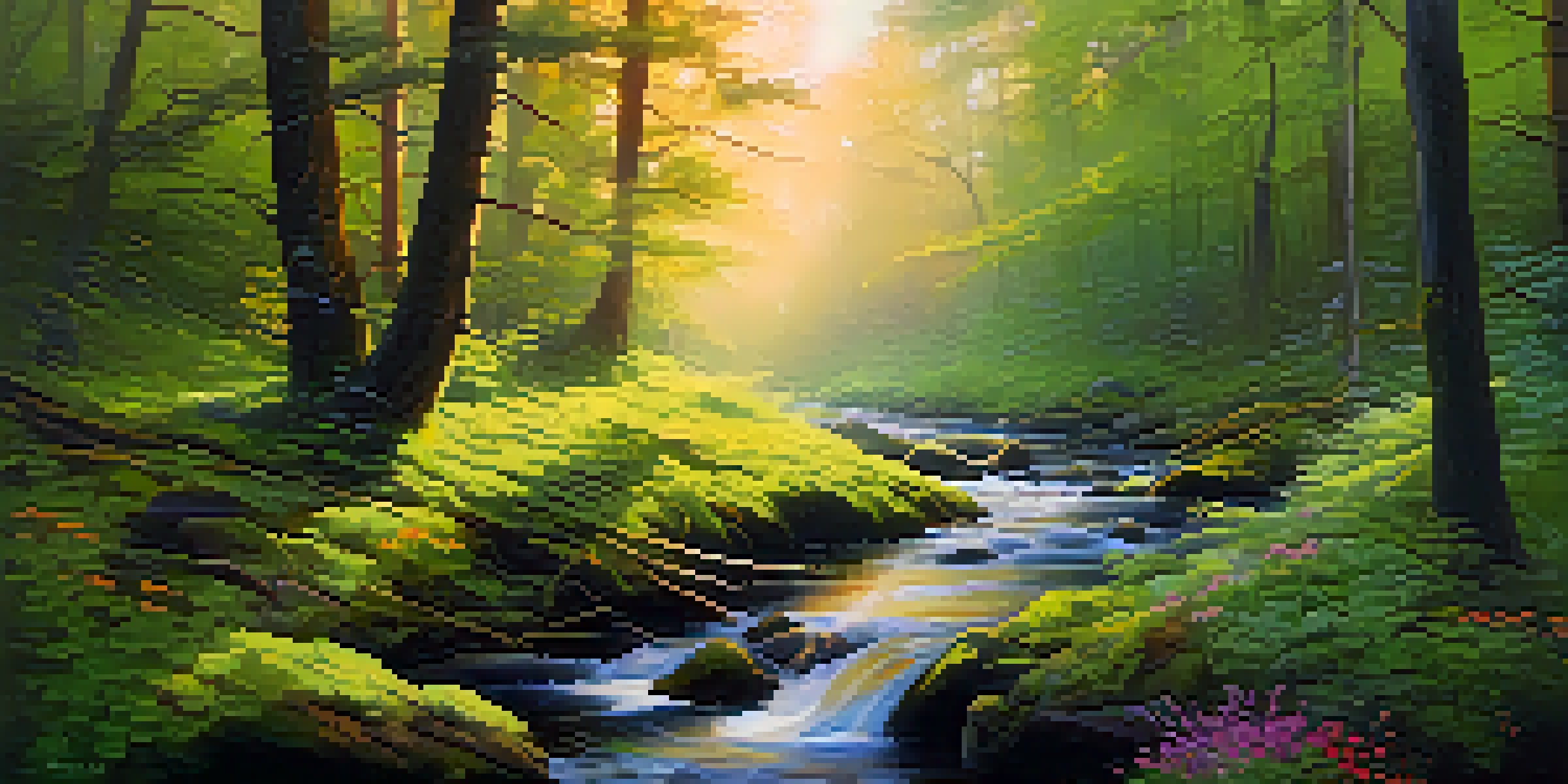 A peaceful forest scene with sunlight filtering through trees and a misty stream.