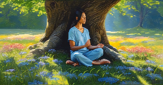 A person meditating under a large tree with sunlight filtering through leaves, surrounded by wildflowers.