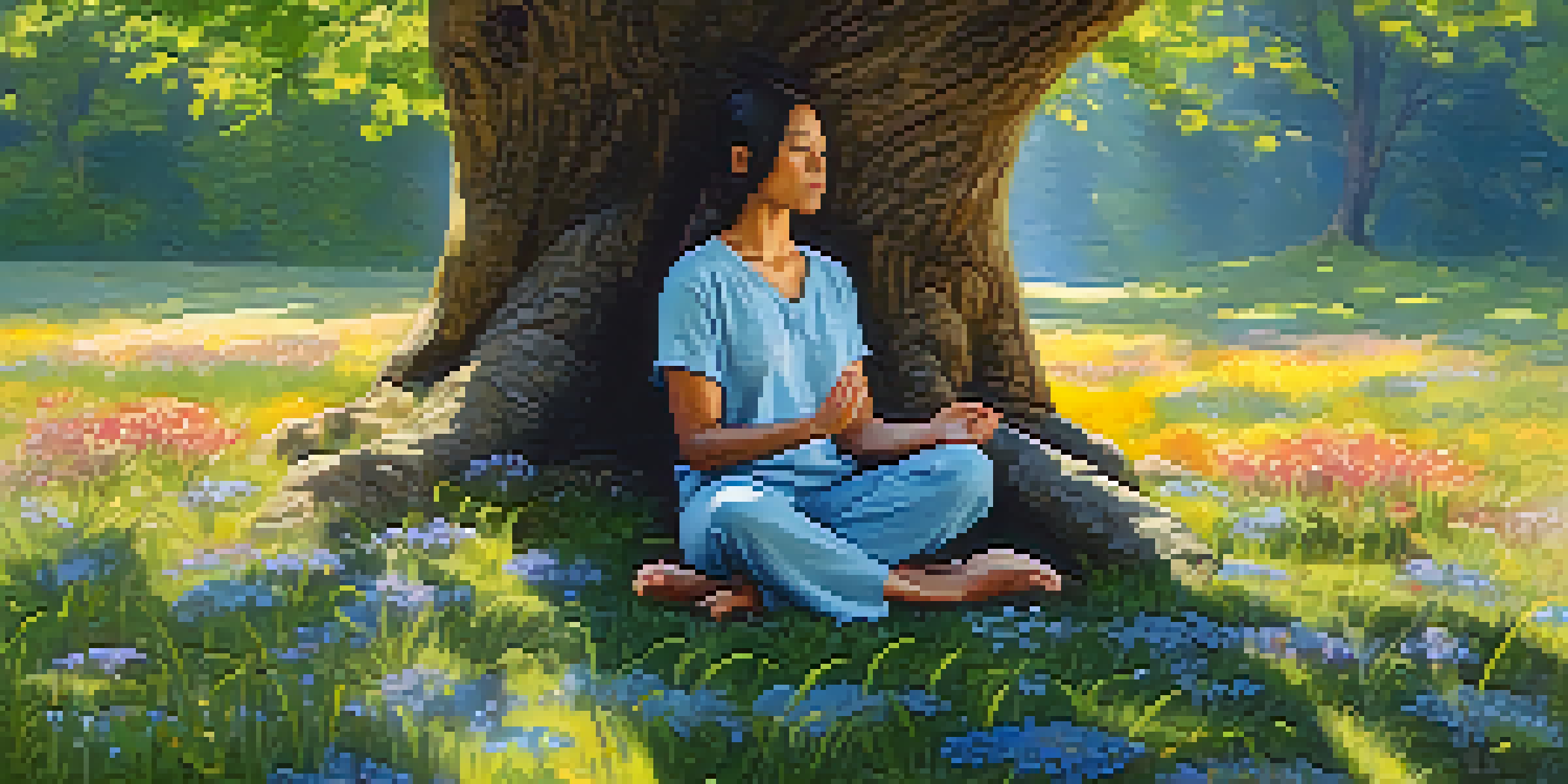 A person meditating under a large tree with sunlight filtering through leaves, surrounded by wildflowers.