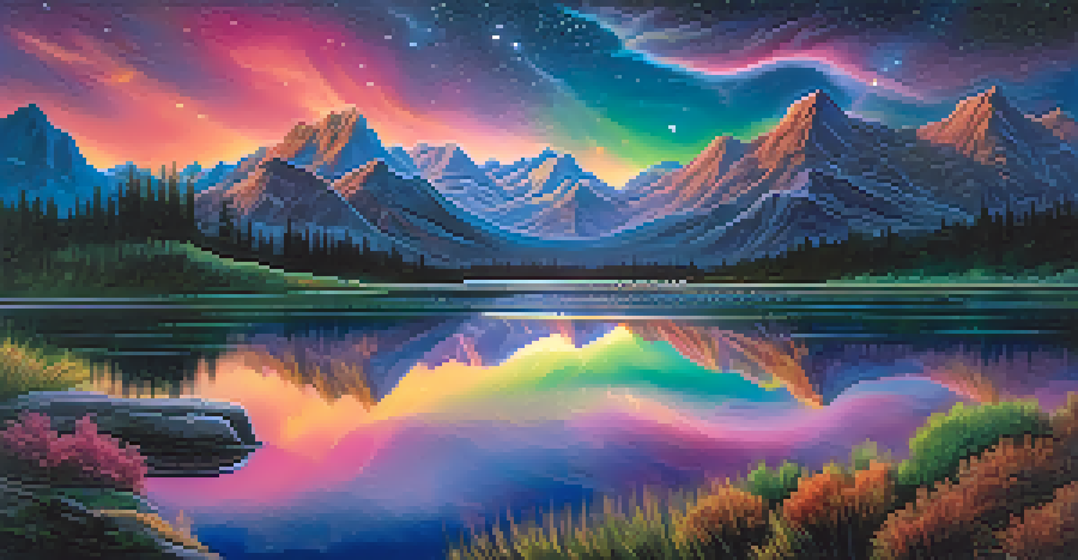A tranquil lake and dreamlike mountains under a starry sky, with swirling clouds and vivid colors.