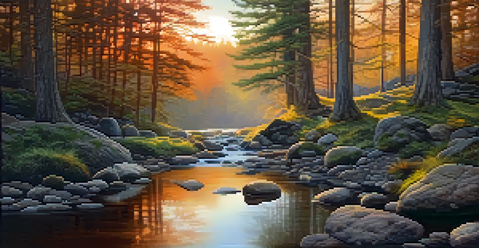 A tranquil forest at dawn with soft light filtering through trees and a gentle stream in the foreground.