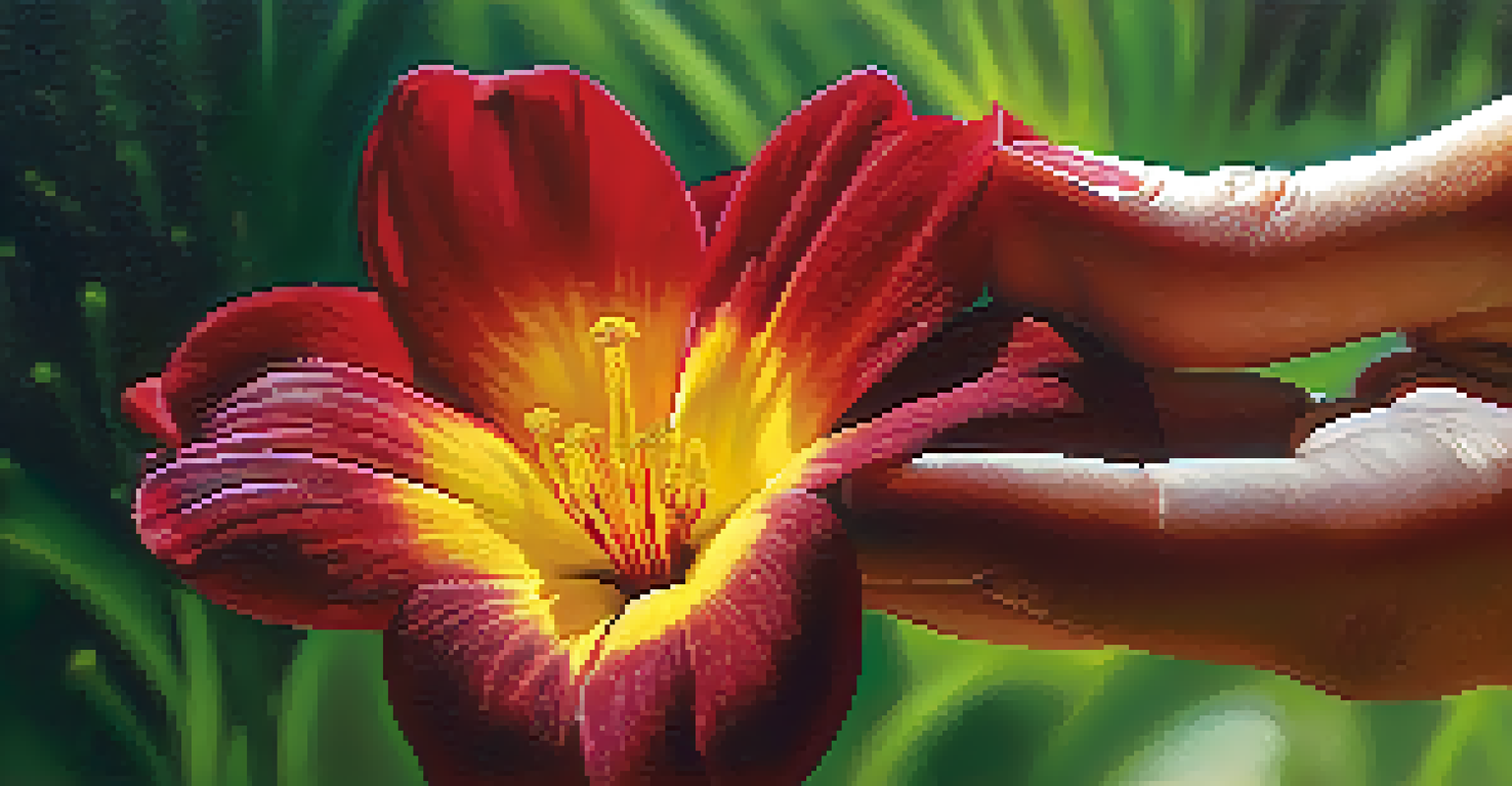 A close-up of a hand holding a colorful flower with dew drops in sunlight.