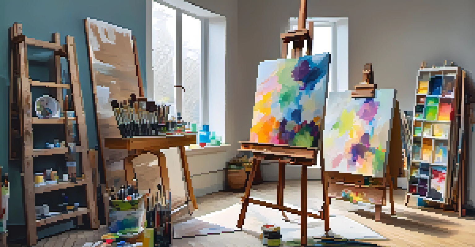 An artist's studio with colorful canvases, art supplies, and natural light coming through a window.