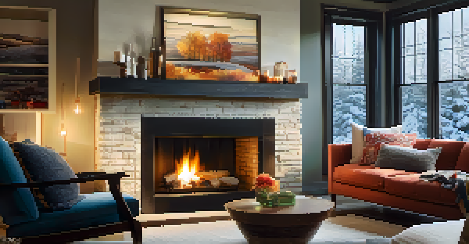 A cozy living room with a fireplace, comfortable sofa, and a view of snow falling outside.