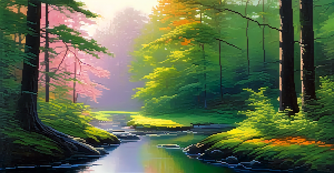 A tranquil forest landscape at dawn with sunlight filtering through trees and a small stream reflecting the sky's colors.