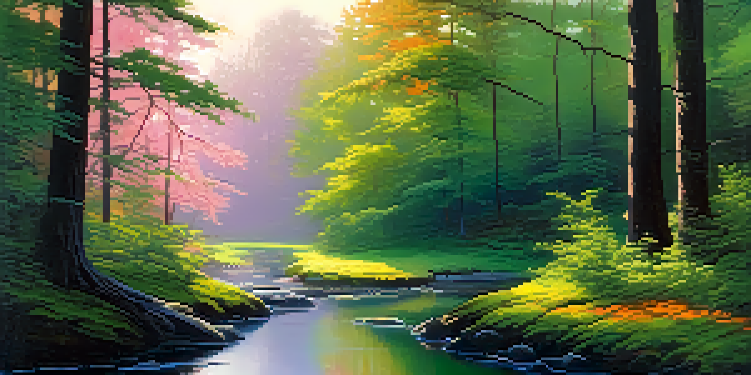 A tranquil forest landscape at dawn with sunlight filtering through trees and a small stream reflecting the sky's colors.