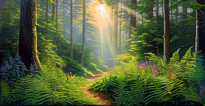 A tranquil forest at dawn with sunlight streaming through trees, illuminating ferns and wildflowers on the ground.