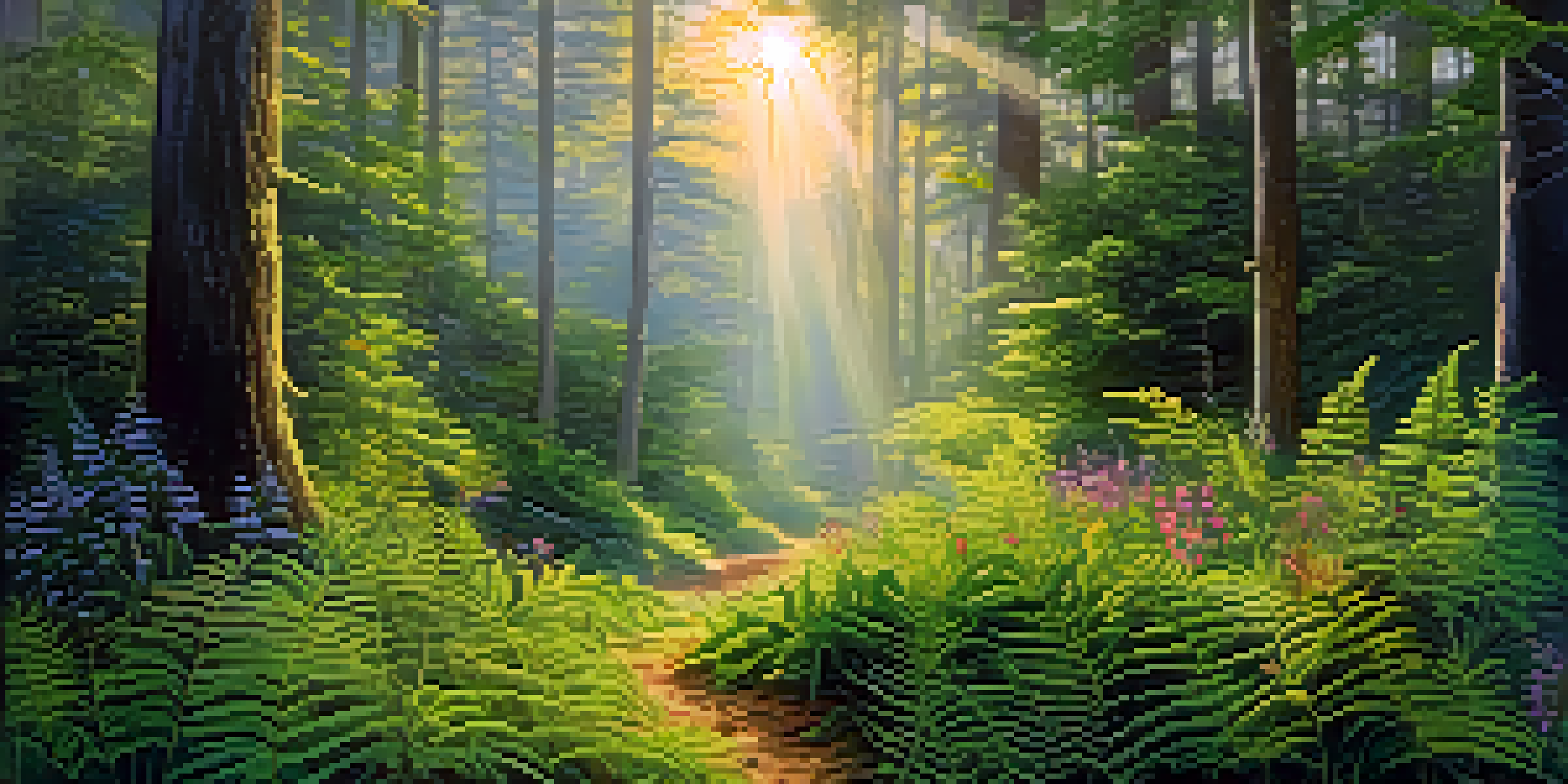 A tranquil forest at dawn with sunlight streaming through trees, illuminating ferns and wildflowers on the ground.