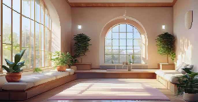 A peaceful meditation room with plants, cushions, and a water fountain, illuminated by warm light.