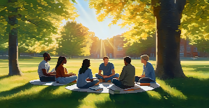 A group of diverse individuals sitting in a circle on a grassy field, discussing mental health and psychoeducation under soft sunlight.