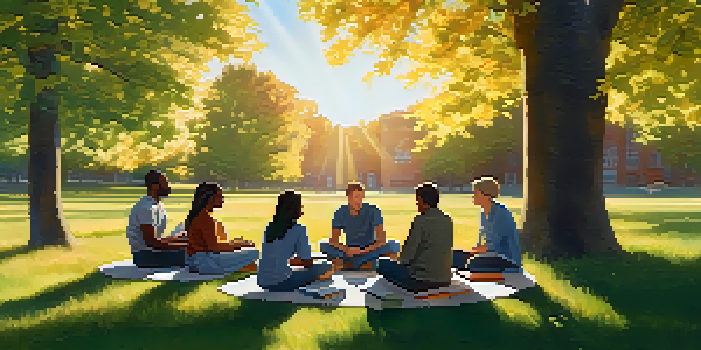A group of diverse individuals sitting in a circle on a grassy field, discussing mental health and psychoeducation under soft sunlight.