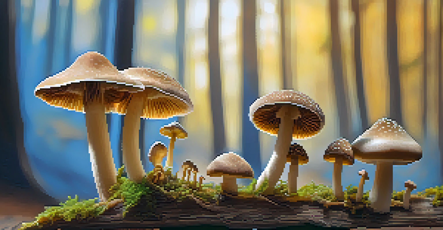 A close-up of psilocybin mushrooms on a wooden surface, showcasing their earthy colors and textures in natural light.