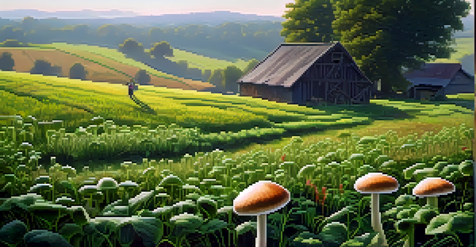 A peaceful organic farm with green mushrooms growing, surrounded by wildflowers and farmers tending to the crops in the background.