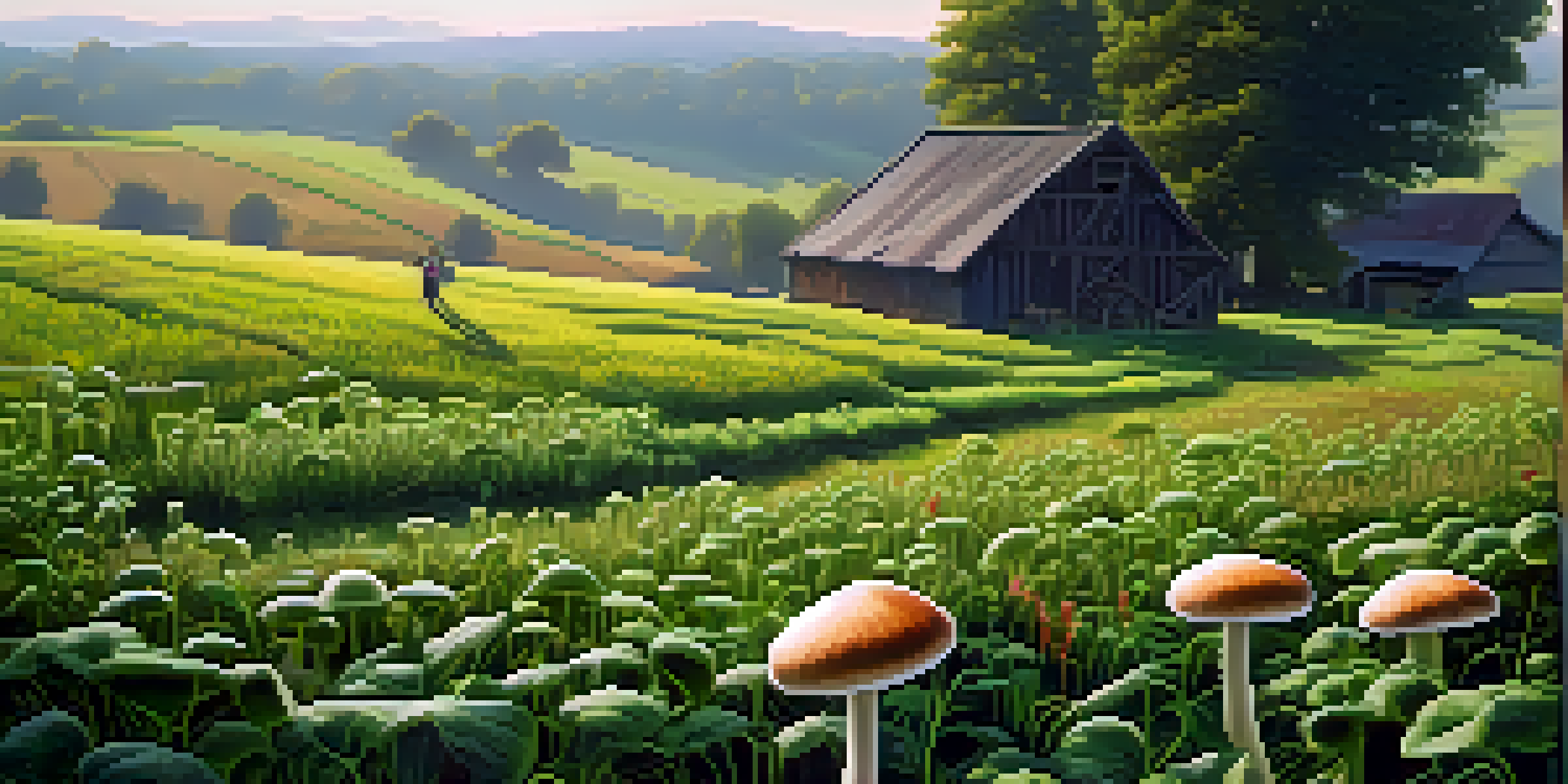 A peaceful organic farm with green mushrooms growing, surrounded by wildflowers and farmers tending to the crops in the background.