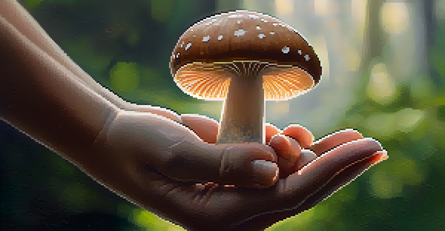 Close-up of hands holding a small mushroom in nature, surrounded by greenery and soft sunlight.