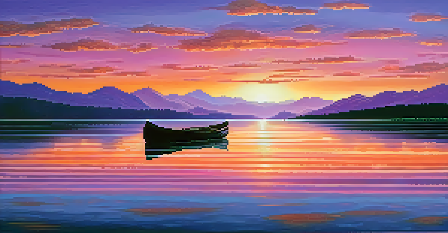 A sunset over a calm lake with colorful reflections, distant mountains, and a canoe near the shore.