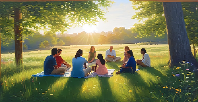 A group of people sitting in a circle in a sunlit forest clearing, engaging in conversation surrounded by trees and wildflowers.