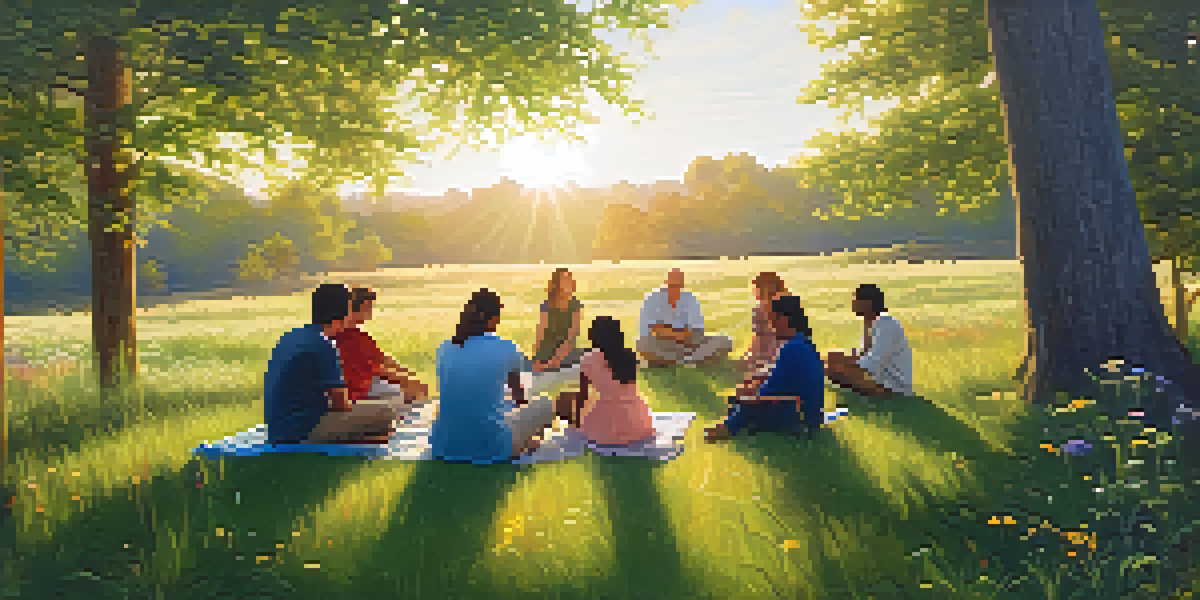 A group of people sitting in a circle in a sunlit forest clearing, engaging in conversation surrounded by trees and wildflowers.