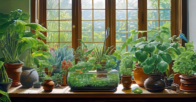 An indoor garden with various hallucinogenic plants in pots, illuminated by soft natural light coming through a window, with gardening tools on a wooden table.