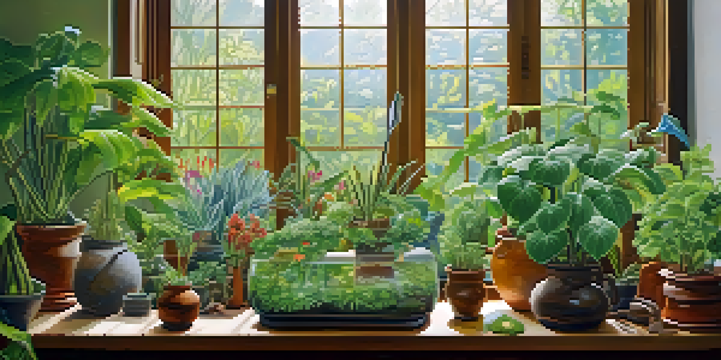 An indoor garden with various hallucinogenic plants in pots, illuminated by soft natural light coming through a window, with gardening tools on a wooden table.