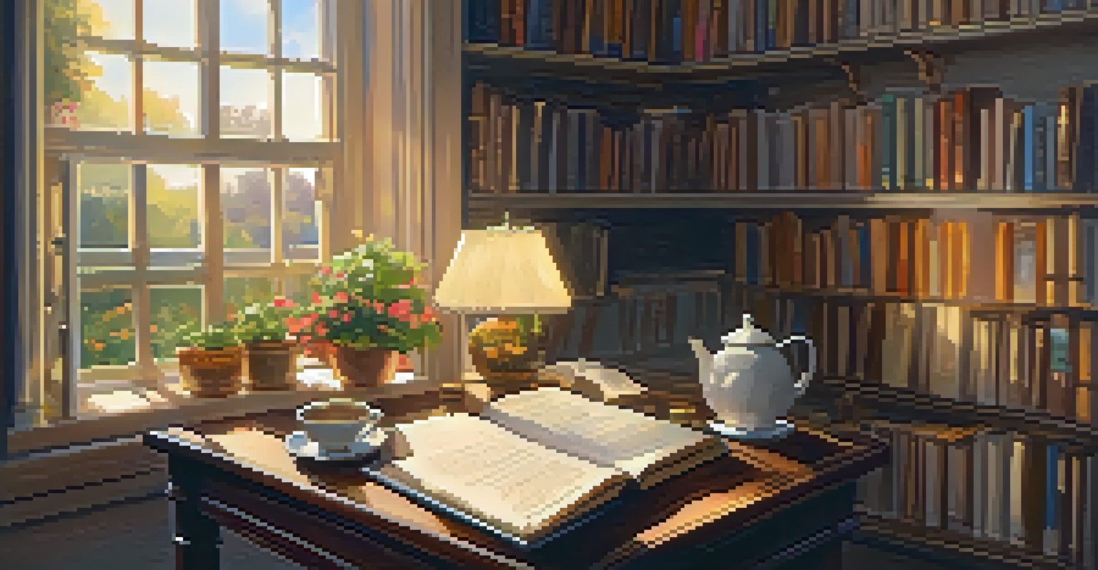 A person writing in a journal at a cozy desk in a warmly lit room filled with books and a view of a garden.