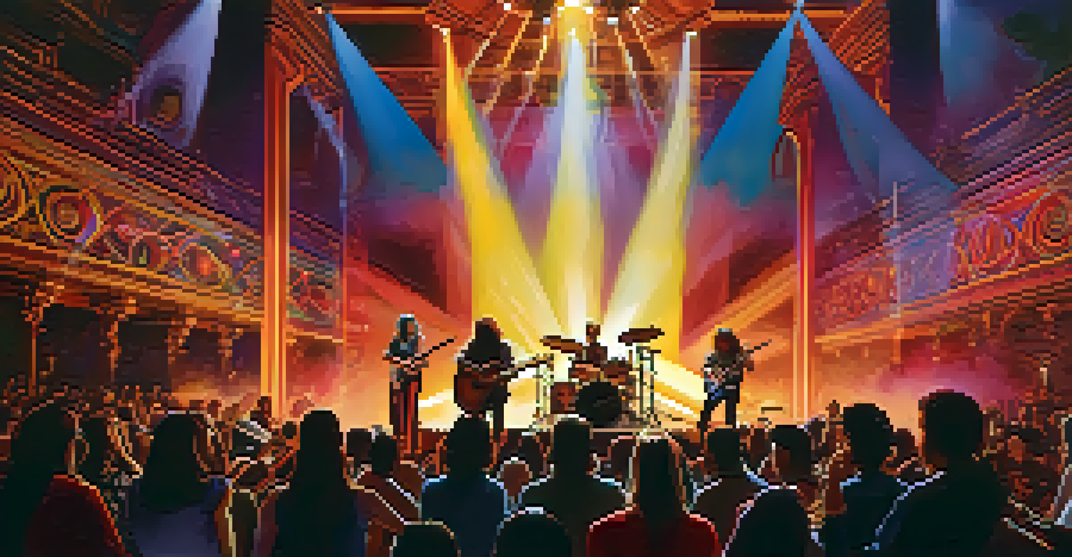 A lively concert scene featuring a progressive rock band performing under dazzling lights, creating an immersive experience for the audience.