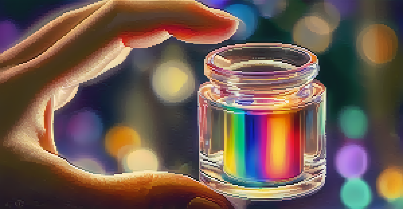 A close-up of a hand holding a glass vial with colorful liquid, set against a background of soft bokeh lights.