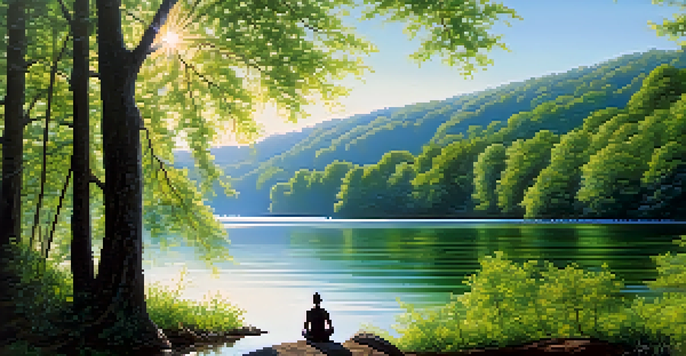 A peaceful scene of a lake with green forests and a person meditating on a rock, surrounded by sunlight filtering through the trees.