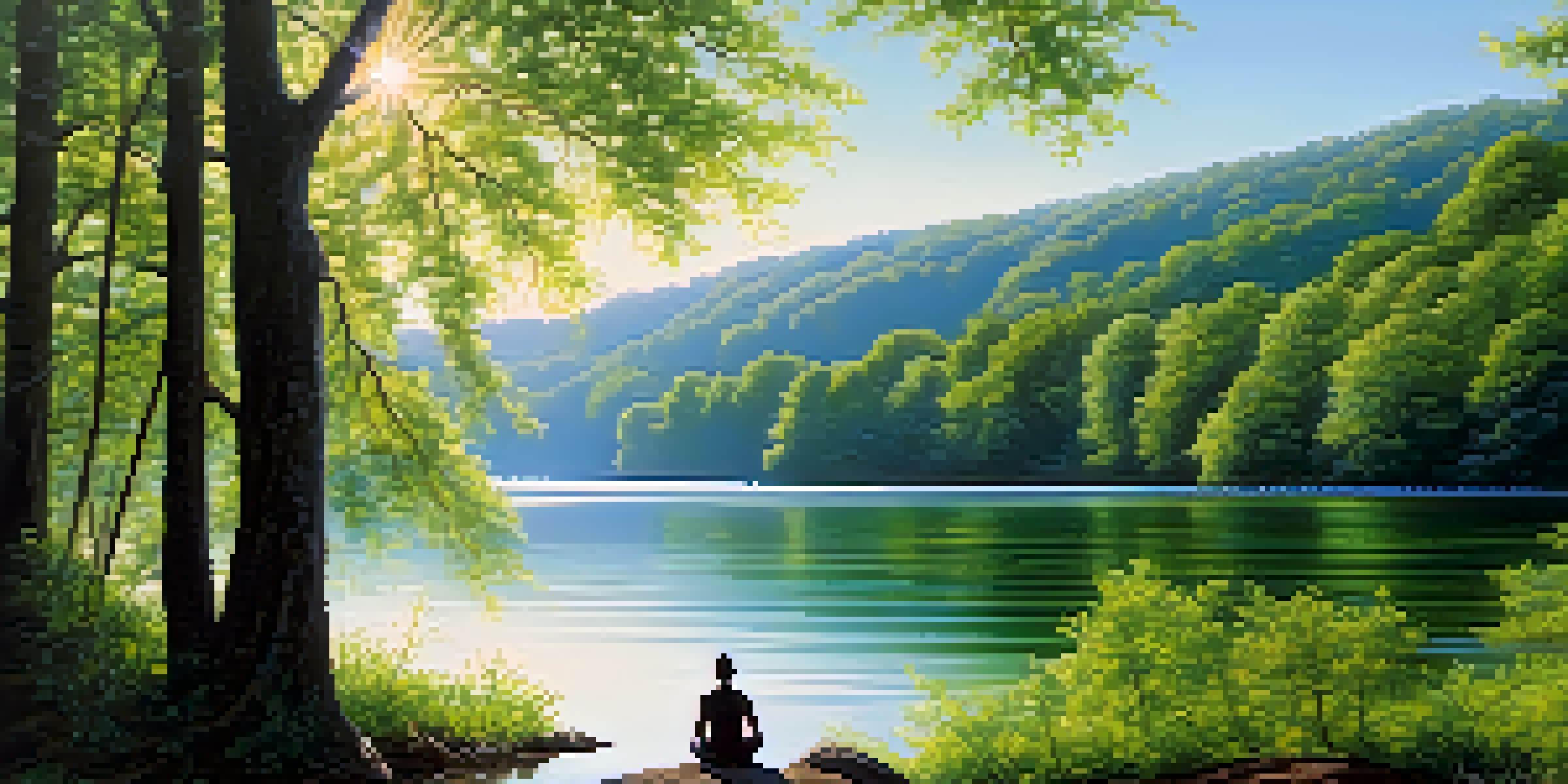 A peaceful scene of a lake with green forests and a person meditating on a rock, surrounded by sunlight filtering through the trees.