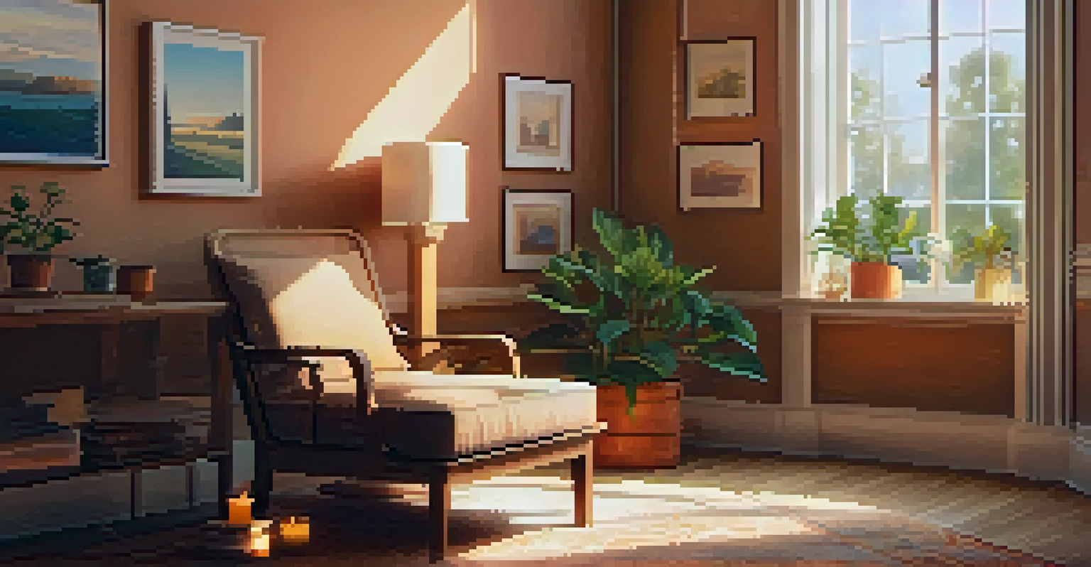 A warm therapy room with a comfortable chair, soft sunlight, and calming elements on a table.