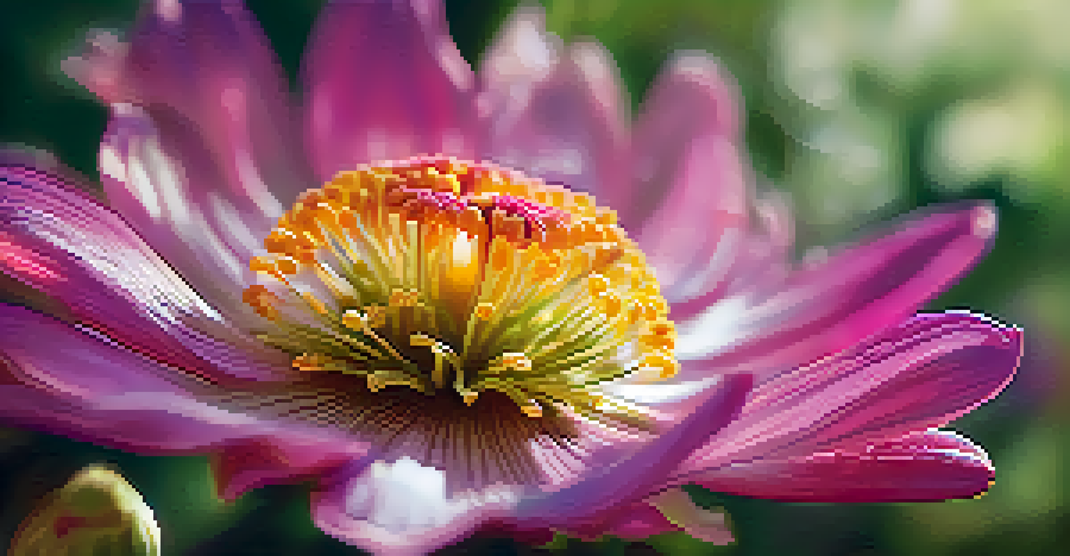 A close-up of a colorful flower in soft sunlight, emphasizing its details and textures, set against a blurred green background, symbolizing appreciation for nature.
