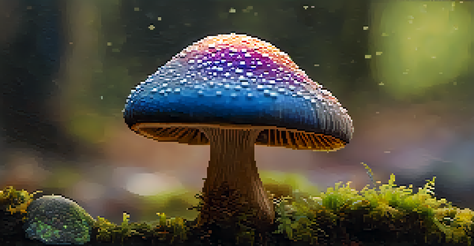 A close-up view of a colorful psychedelic mushroom on a wooden surface, surrounded by moss and pebbles.