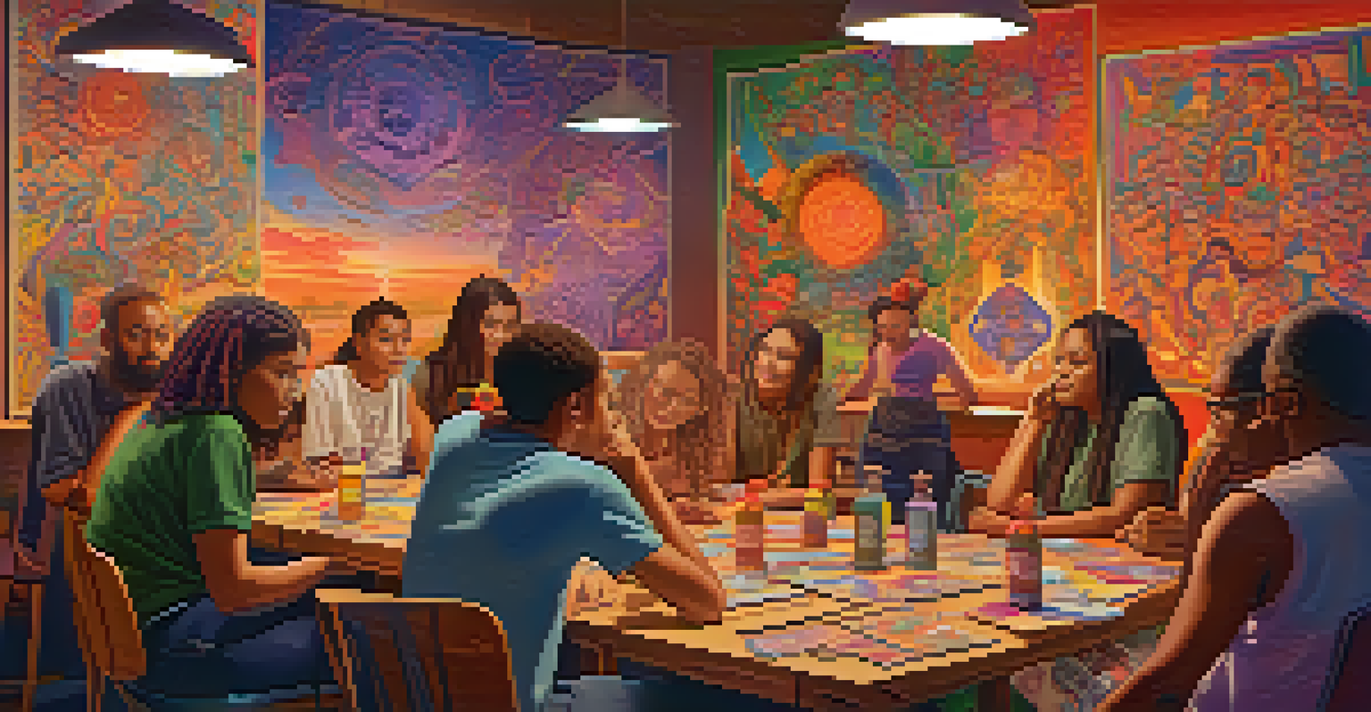 A community workshop setting with diverse individuals sharing knowledge about psychedelics, featuring colorful educational materials.