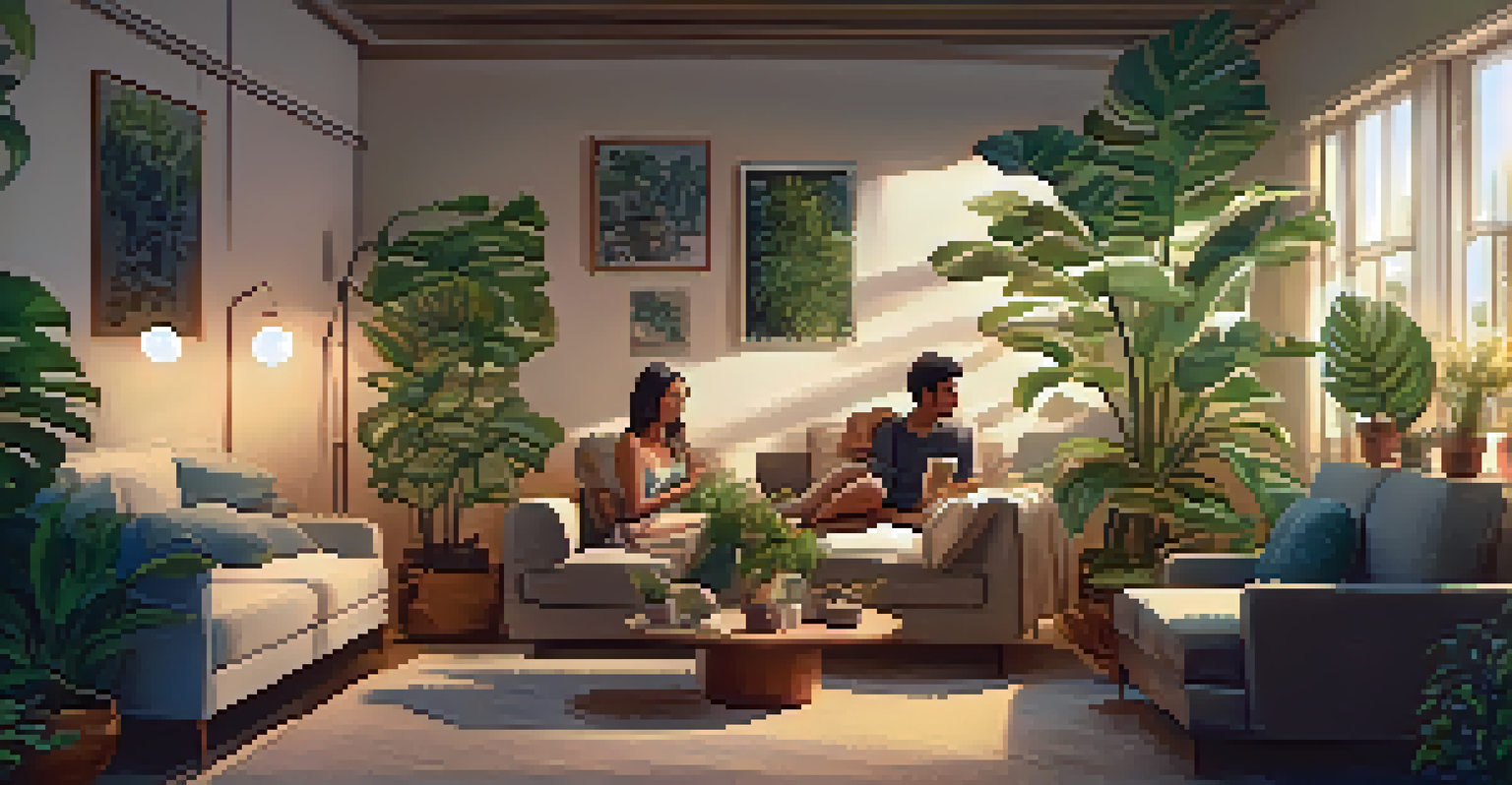 A cozy setting with friends sitting in a circle, engaged in conversation, surrounded by warm lighting and plants.