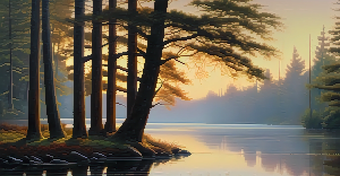 A peaceful forest at twilight with a river reflecting the sunset and mist rising from the water.
